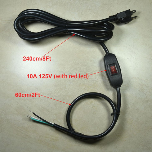 10FT 18 Gauge 3 Prong AC Power Cord Cable with ON/OFF Switch, Pigtail (Open End Wiring), NEMA 5-15 Plug SJTW 18AWG 10A125VAC...