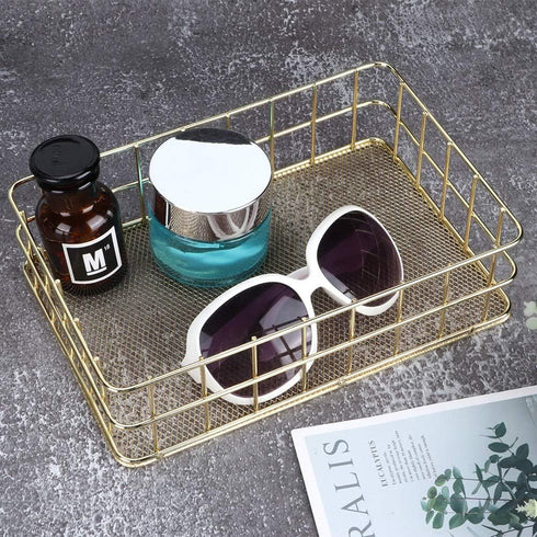 Wire Mesh Basket, Golden Desktop Metal Storage Basket Iron Grid Storage Tray Net Basket Storage Bins for Home Cosmetic Stationery (9.6 x 6.5 x 2.6...