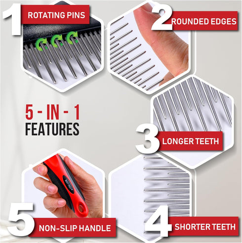 Poodle Comb for Dogs with Rotating Teeth - Smoothest Pet Comb with 5-in-1 Features for Dematting - Dog Essentials for Small Medium and Large Dog...