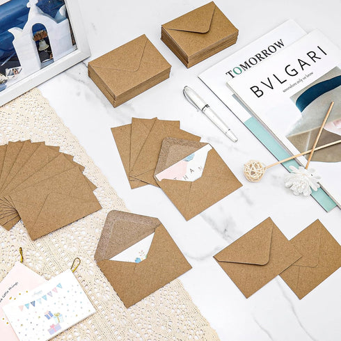 100 Pack 4 x 2.75" Mini Envelopes 120GSM Gift Card Kraft Envelopes Bulk Small Paper Gift Card Sleeves Greeting Card Business Card Brown Tiny Envel...
