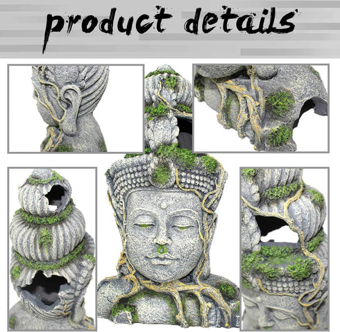 PINVNBY Aquarium Buddha Head Statue Decorations,Fish Tank Resin Large Buddha Sculpture Ornament,Betta Hideout Cave Sleep Rest Play for Small Fish ...