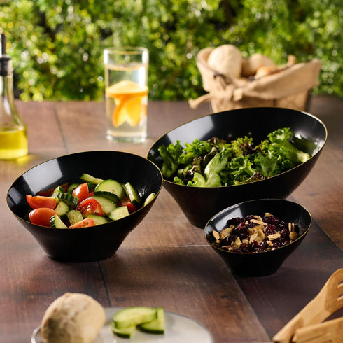 PLASTICPRO Angled Plastic Bowls Disposable Medium Plastic Black Serving Bowls with Gold Rim for Party for Appetizer Salads Pack of 4...
