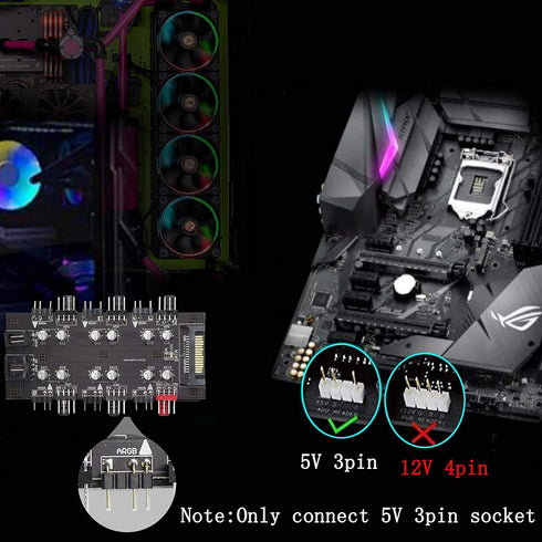 12V 4Pin PWM & 5V 3Pin ARGB with SATA 15Pin Power 2-in-1 Hub 6 Way Sync CPU Cooling Fan Addressable RGB Lighting PCB Splitter for Extended Motherb...