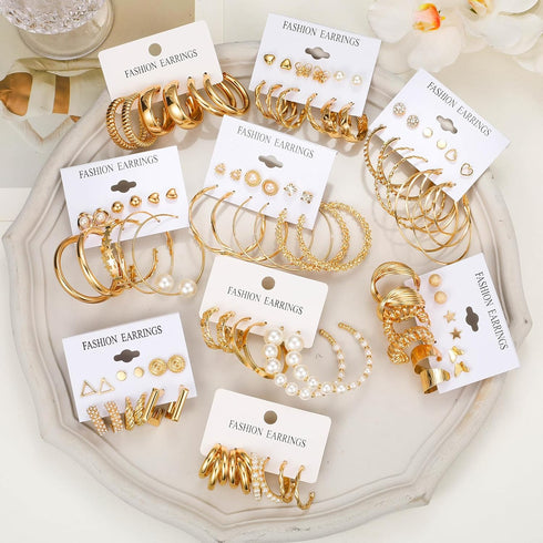 FAXHION 36 Pairs Gold Hoop Earrings Set for Women, Fashion Chunky Gold Hoop Earrings Multipack, Hypoallergenic Pearl Chain Twisted Statement Earri...