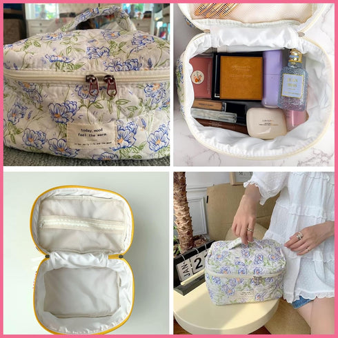 Large Travel Quilted Makeup Bag for Women, Floral Cotton Cosmetic Bag, Coquette Aesthetic Floral Toiletry Organizer Bag...