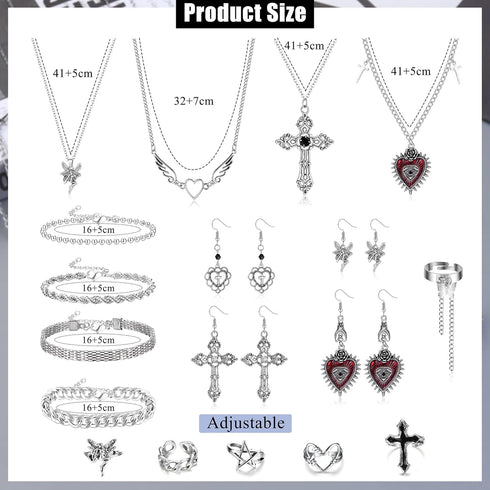 JOERICA 18PCS Punk Goth Grunge Jewelry Set Vintage Knuckle Rings, Gothic Dangle Grunge Earrings, Goth Necklace, Punk Chain Silver Bracelet, Emo Go...