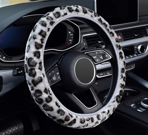 ZHOL Leopard Print Steering Wheel Cover, Universal 15 Inch Elastic Plush Softy Steering Wheel Cover for Women Girls, Winter Warm, Anti-Slip, Gray...