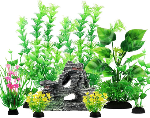 Fish Tank Accessories Artificial Plants, 9pcs Green Aquarium Decorations Plants and Cave Rock Decor Set, Aquarium Decor Plastic Plants...