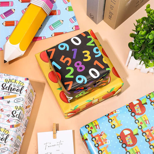 JarThenaAMCS 12 Sheets Back to School Wrapping Paper - Not Roll - Bus Apple Pencil Gift Wrap Paper Folded Flat 6 Designs DIY Craft Art Paper for F...