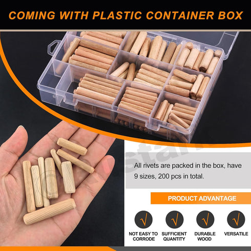 200Pcs Diagonal Grooved Wooden Dowel Pins Assortment Kit, 9 Sizes M6 M8 M10 Beveled Ends Tapered Pins Wooden Pegs for Furniture Door DIY Crafts St...