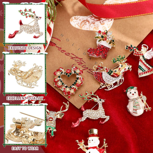12 Pieces Christmas Pin Brooch Rhinestone Crystal Christmas Pin Enamel Christmas Brooch Christmas Decoration Ladies Holiday Gift Jewelry Party...