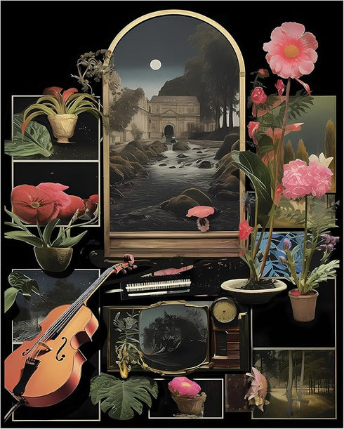Posterizer 1 pcs-old timey vintage flowers , music instruments collage-Retro Art-Abstract & Modern Art-Gift for Steampunk or Goth Fans- UNFRAMED W...