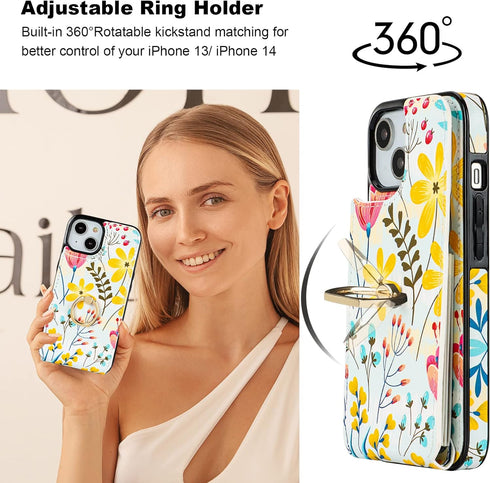 HAOPINSH for iPhone 13/ iPhone 14 Wallet Case with Card Holder, 360°Rotation Ring Kickstand, Floral Flower Pattern, RFID Blocking Leather for Girl...