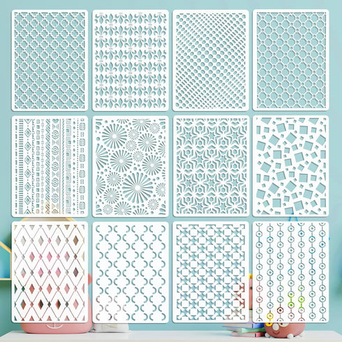 12 Geometric Painting Stencils Set, 11.4"x8.3" Art Templates for Crafts Reusable, Painting Stencils for Painting on Wood, Furniture Wall Scrapbook...
