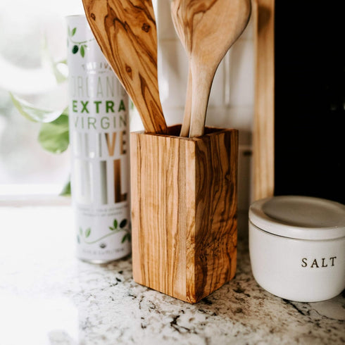 Tramanto Olive Wood Utensil Holder - Compact 3 x 3 Inch Square Wooden Crock for Kitchen Tools and Cooking (6 Inch Tall)...