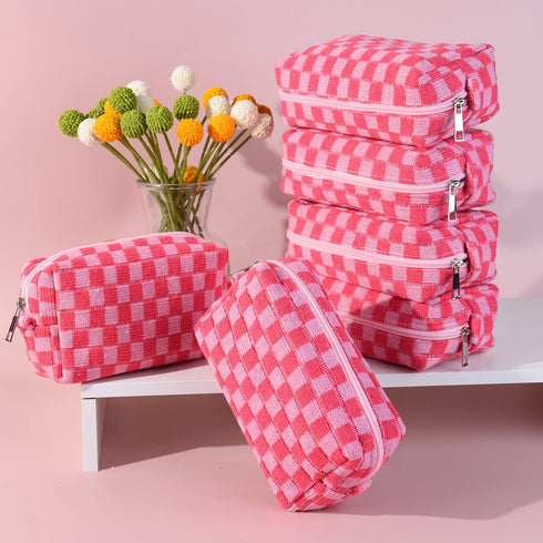 Checkered Makeup Bag Preppy Cosmetic Bag Bulk Pink Makeup Pouch Personalize Travel Toiletry Bag Organizer Cute DIY Makeup Brushes Storage Bag for ...