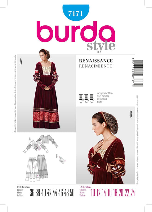 7171 Burda Style Womens Renaissance Costume Sewing Pattern Sizes 10-24...