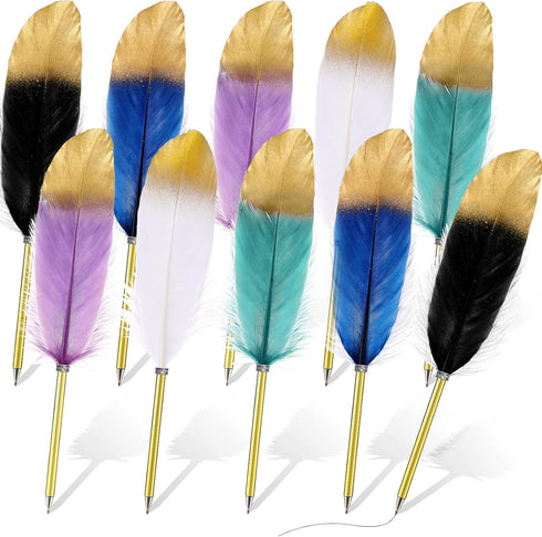 10 Pcs Feather Quill Ballpoint Pens Bulk 0.5mm Ink Feathered Vintage Pens Refined Plated Rod Pen for Writing Guest Signature Office Party Favors (...