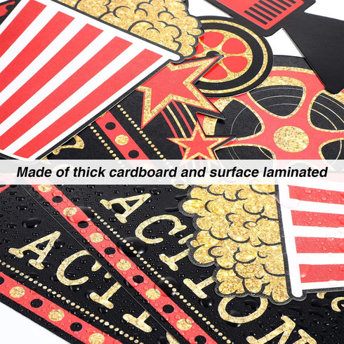 Hicarer 32 Pieces Movie Party Decorations Red Carpet Cutouts Cards Table Toppers Movie Theme Decor Double Sided Printing Golden Black Red for Nigh...