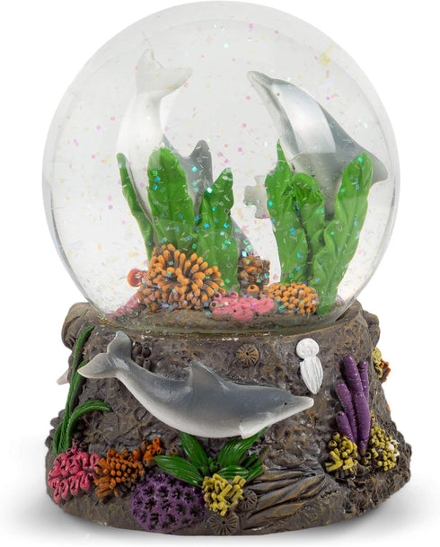 Elanze Designs Dolphin World Coral Reef Ocean Under The Sea Family Fish Coral Seaweed Tabletop Figurine 100MM Music Glitter Water Snow Globe Plays...