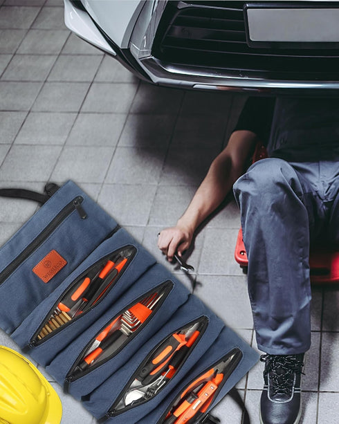 Roll Up Tool Bag, 16OZ Canvas Wrench Roll Up Pouch Multi-Purpose Tool Roll Organize, 5 Zippered Tool Pockets (Blue)...