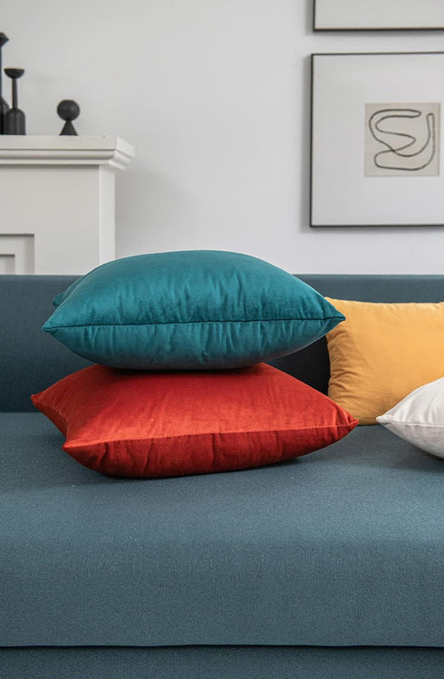 DEZENE Throw Pillow Cases 18x18 Teal: 2 Pack Cozy Soft Velvet Square Decorative Pillow Covers for Farmhouse Home Decor...