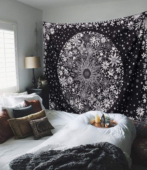 Neasow Bohemian Tapestry Wall Hanging,Black and White Floral Tapestry with Dotted Daisy Medallion Print Bedroom Boho Hippie Home Decor, 60×80 inch...