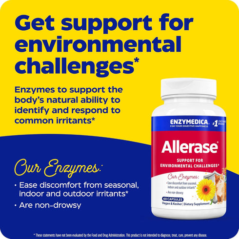 Enzymedica, Allerase, Non-Drowsy Enzyme Supplement to Help Relieve Seasonal Mucus Buildup, 60 Count...