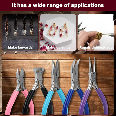 Jewelry Pliers, 5 Pack Jewelry Making Pliers Tools with Needle/Chain Nose Pliers, Round Nose Pliers, Bent Nose Pliers, End Nipper Pliers and Wire ...