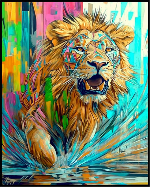 Posterizer 1 pcs-neon colorful abstract street art of a roaring lion -1-Art for Animal Lovers-Abstract & Modern Art-Gift for Street Art, Mural Fan...