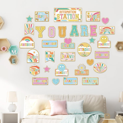 Hippie Affirmation Station Bulletin Board Set Groovy Bulletin Board for Classroom Decor Rainbow Mental Health Posters Positive Affirmations Accent...