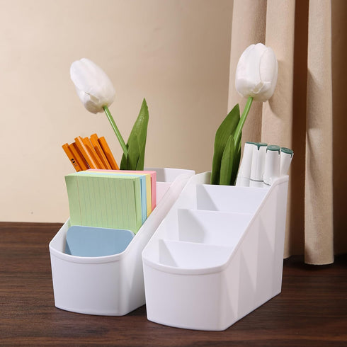2-Piece Set Plastic Desk Organizer With 8 Slots,Minimalist Multi-purpose Storage for Small Items,White Matte Surface...