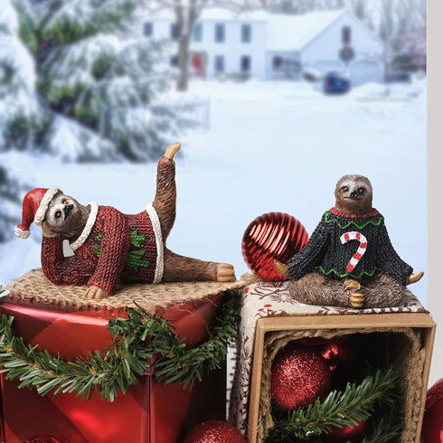 Yoga Sloth Figurines in Ugly Christmas Sweaters 3" - Polyresin Mini Statue for X-mas Home Decoration, Secret Santa White Elephant Gift Exchange...