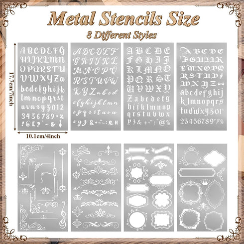 8 Pcs 4 x 7 Inch Stainless Steel Stencils Stencils Alphabet Number Stencils for Journaling Metal Stencils Bookmark Vintage Flower Vines Stencils f...