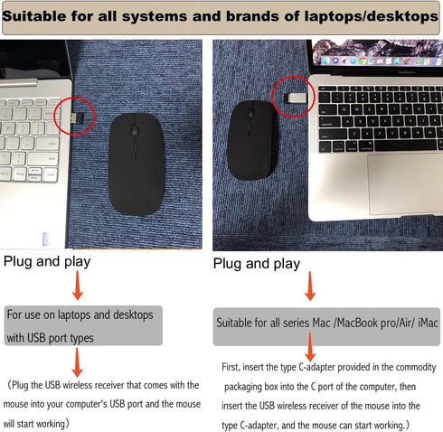Artusi Wireless Mouse for Laptop Mac iMac MacBook Pro MacBook Air Computer PC Chromebook Windows Rechargeable Wireless Mouse with USB C Adapter (B...