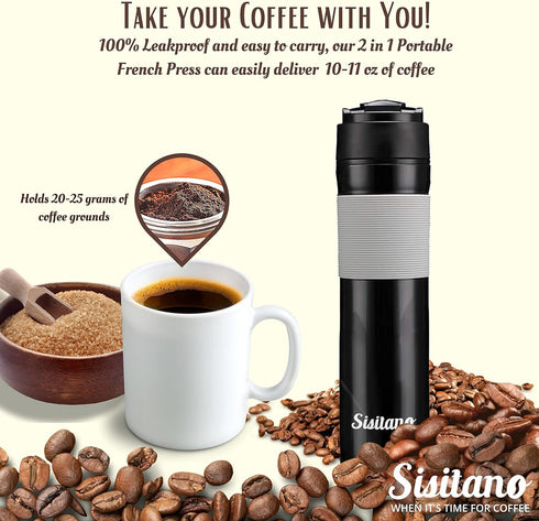 2in1 Travel French Press Coffee Maker, Portable 11.8 oz Tumbler Coffee French Press for Ground Coffee & Tea Leaves; Iced Coffee, Cold Brew Tea, Co...
