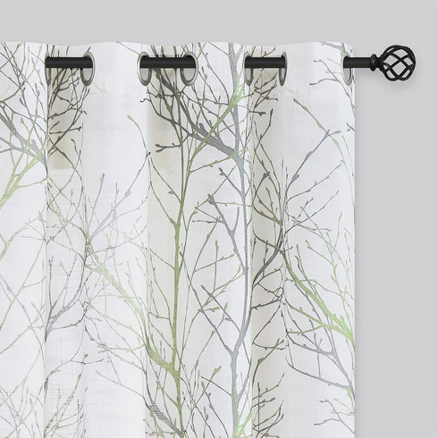 FMFUNCTEX Linen Semi Sheer Curtains for Bedroom, Sage Green White Curtains 54 Inches Long for Living Room, Grey Tree Branch Print Curtain Light Fi...