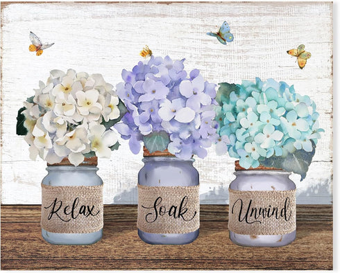 Hydrangea Wall Art Bedroom Decor: Relax Soak Unwind Wall Art Floral Paintings Aqua Flower Pictures Wall Decor Modern Farmhouse Style Butterfly Pri...