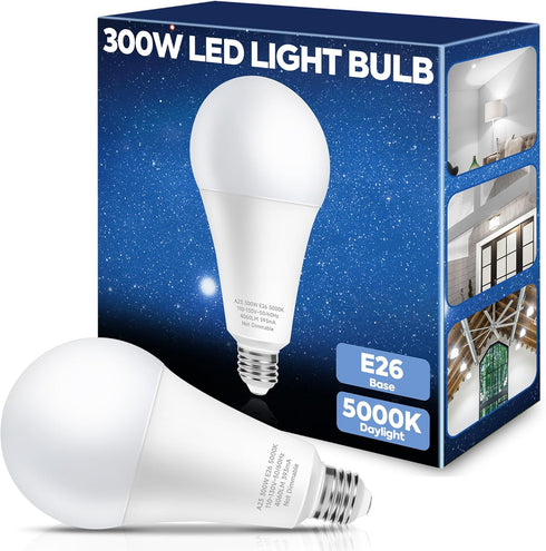 300W Equivalent LED Light Bulb, 4060LM Super Bright A23 LED Bulb, Daylight 5000K, 33W Energy Saving, E26 Medium Base, 120V for Garage, Warehouse, ...