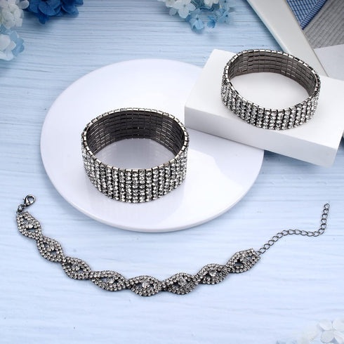 FIBO STEEL 3 PCS Rhinestone Stretch Bracelets for Women Bridal Sparkly Wedding Strand Tennis Bracelet Set Silver/Gold/Rose Gold-Tone...