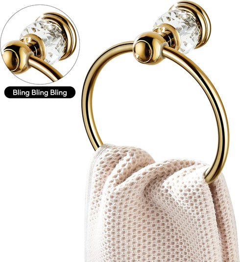 WINCASE Crystal Towel Ring, Gold Towel Holders for Bathrooms, Round Hand Towel Rack Wall Mounted Decorative...