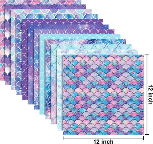 24 Sheets Mermaid Pattern Paper Set, 12"x12" Patterned Cardstock Paper Scrapbooking Supplies Paper Origami Paper for Birthday Theme Party - 12 Sty...