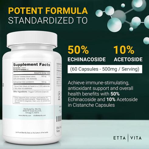 Potent Cistanche Tubulosa Capsules (500 mg) Stress Response, Mood & Cortisol Support (2X Potent 50% Echinacoside/10% Acetoside) Hormonal Balance f...