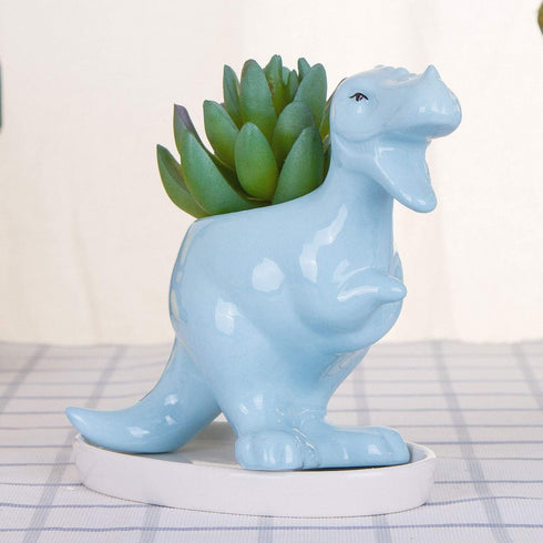 VanEnjoy Desktop Cute Cartoon Blue Tyrannosaurus Dinosaur Ceramic Succulent Pot with Tray, Bonsai Cactus Flower Pot Vase Holder Decorative Organiz...