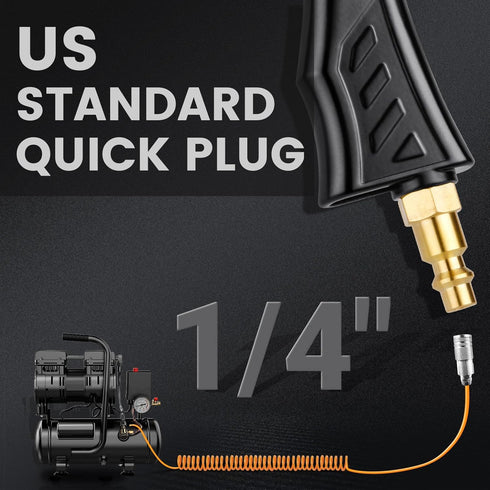 Industrial Air Blow Gun with Adjustable Brass Air Nozzle, Premium Air Blower Gun with 2 Pcs Steel Air Flow Extensions and 1/4" NPT Standard Quick ...