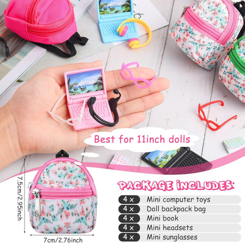 20 Pieces Mini Backpack for Dolls Doll Travel Accessories Include Doll Backpack with Zipper Laptop Books Headsets Sunglasses Scene Simulation Toy ...