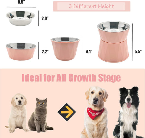 Elevated Dog Bowls for Small Dogs with 3 Adjustale Heights,2 in 1 Raised Dog Bowl with Non-Slip Base for Food and Water,Stainless Steel Slow Feed ...