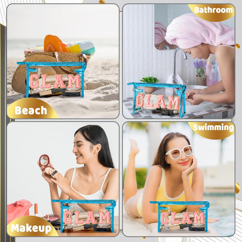 Preppy Patch Cosmetic Bag - Summer GLAM Chenille Varsity Letter Toiletry Bag Transparent PVC Zipper Makeup Bag Waterproof Portable Travel Beach Ba...