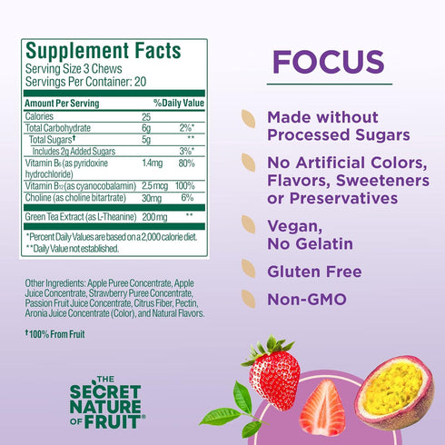 The Secret Nature of Fruit Focus Chews, Real Fruit Powered Vitamin Chews with Vitamins B6 & B12, Choline, L-Theanine, Passion Fruit & Strawberry f...