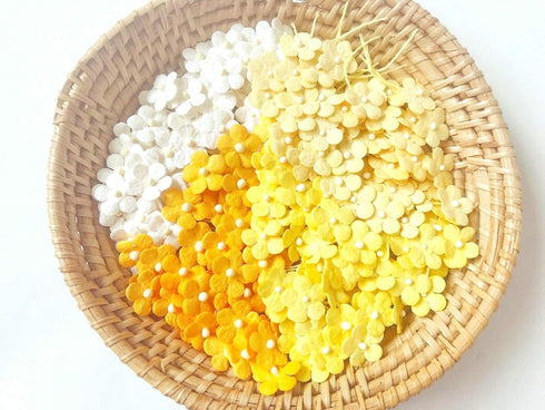 PL Set of 50 Tiny Flower Mixed Tone Yellow Embellishment with Thread stem Mulberry Paper Flower Size 0.30" Very Small Yellow1 Craft Handmade Weddi...